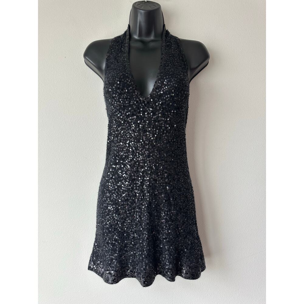 Vintage Y2K Donna Karan Black Sequin Halter Dress Silk Cashmere Cocktail Party M
